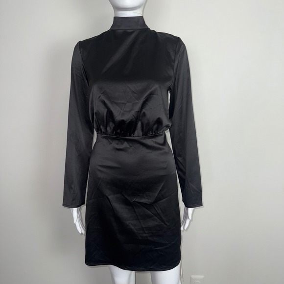 Commense Black Mini Dress Long Sleeve Mock Neck Tie Back Cocktail Bodycon M - Picture 13 of 17